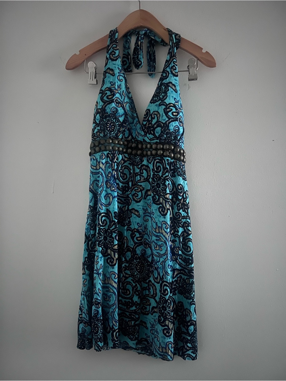 Y2K Blue Printed Studded Halter Midi Dress Sz S